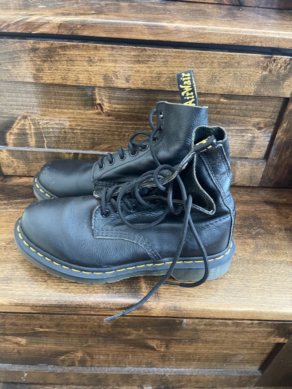 Dr. Martens Black Leather Lace-Up Boots with Yellow Stitching